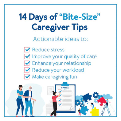 A caregiver graphic with text, "14 Days of Bite-Size Caregiver Tips"