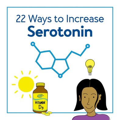 A woman with a lightbulb and vitamin D capsules. Text, "22 Ways to Increase Serotonin"