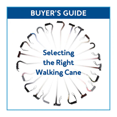 A group of canes in a circle. Text, "Buyer's Guide: Selecting the Right Walking Cane"