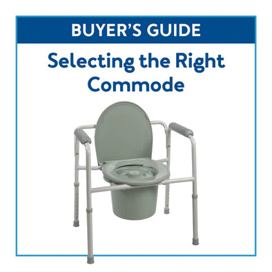 A gray commode with text, "Buyer's Guide: Selecting the Right Commode"