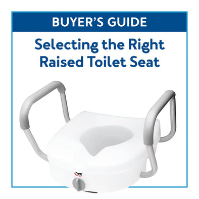A white raised toilet seat with text, "Buyer's Guide: Selecting the Right Raised Toilet Seat"