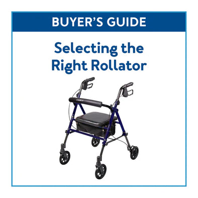 A blue rollator with text, "Buyer's Guide: Selecting the Right Rollator"