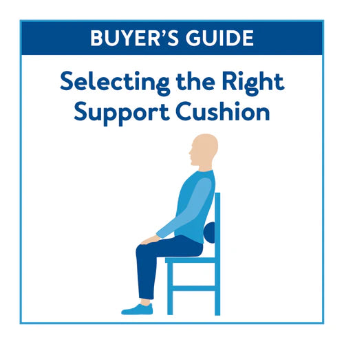 A graphic of a person sitting down with a support cushion. Text, 