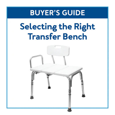 A whtie transfer bench with text, "Buyer's Guide: Selecting the Right Transfer Bench"