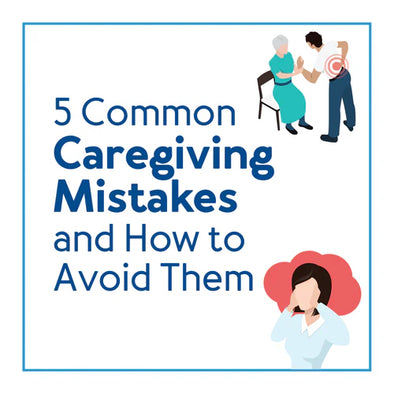 A graphic showing caregivers helping with text, "Caregiving by nature requires a lot. We asked fellow professional, personal, and in-home caregivers mistakes they've made and how to avoid them"