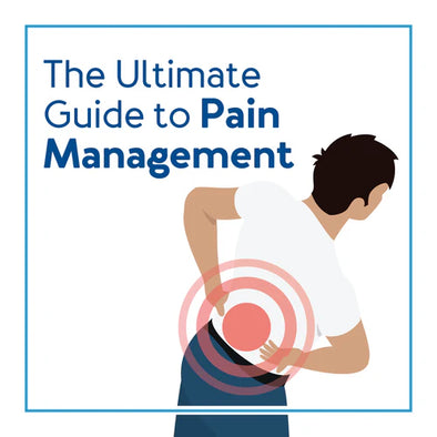 A graphic of a man holding his back in pain. Text, "The Ultimate Guide to Pain Management"