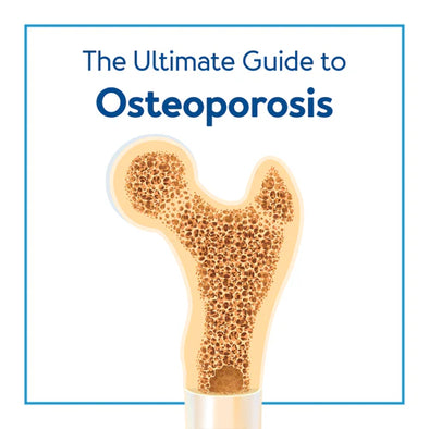 A graphic of a bone with osteoporosis. Text, "The Ultimate Guide to Osteoporosis"