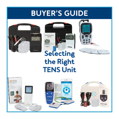 A group of TENS units with text, "Buyer's Guide: Selecting the Right TENS Unit"