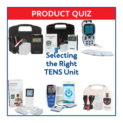 A group of TENS units with text, "Product Quiz: Selecting the Right TENS Unit"