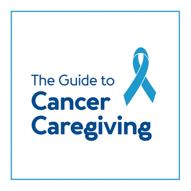 A blue ribbon with text, "The Guide to Cancer Caregiving"