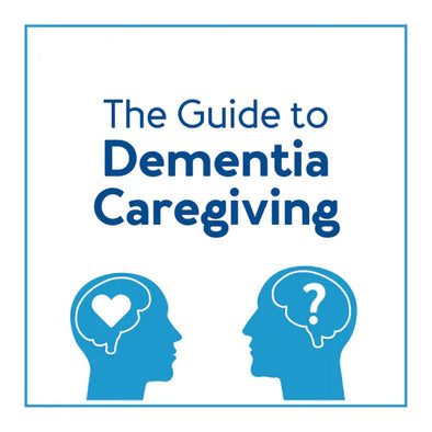 A graphic to two heads with text, "The guide to dementia caregiving"