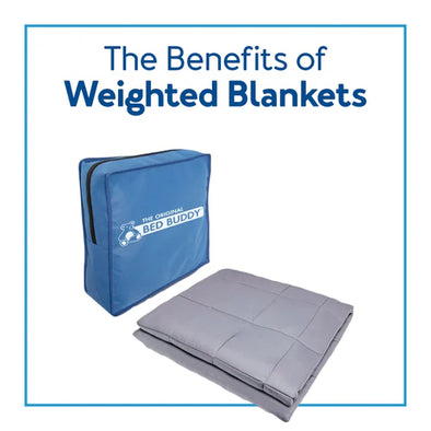 A weighted blanket with text, "The Benefits of Weighted Blankets"