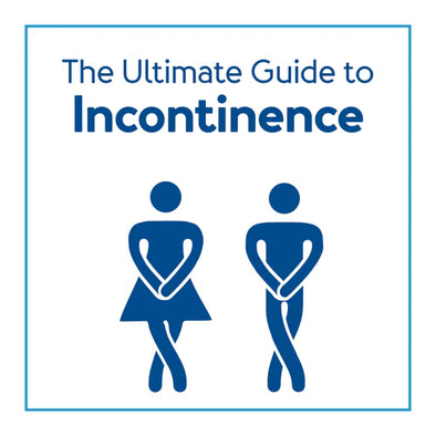 A graphic of a man and woman holding their bladder. Text, "The Ultimate Guide to Incontinence"
