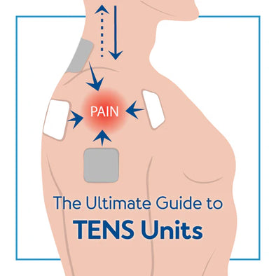 A graphic showing a man with electrodes on his shoulder. Text, "The Ultimate Guide to TENS Units"
