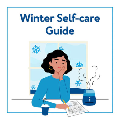A graphic of a woman sitting next to a window during winter. Text, "Winter Self-Care Guide"