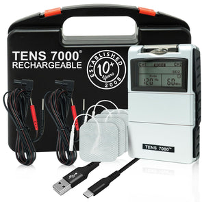 TENS 7000 Rechargeable TENS Unit with its carrying case, electrodes, charger wire, and lead wires