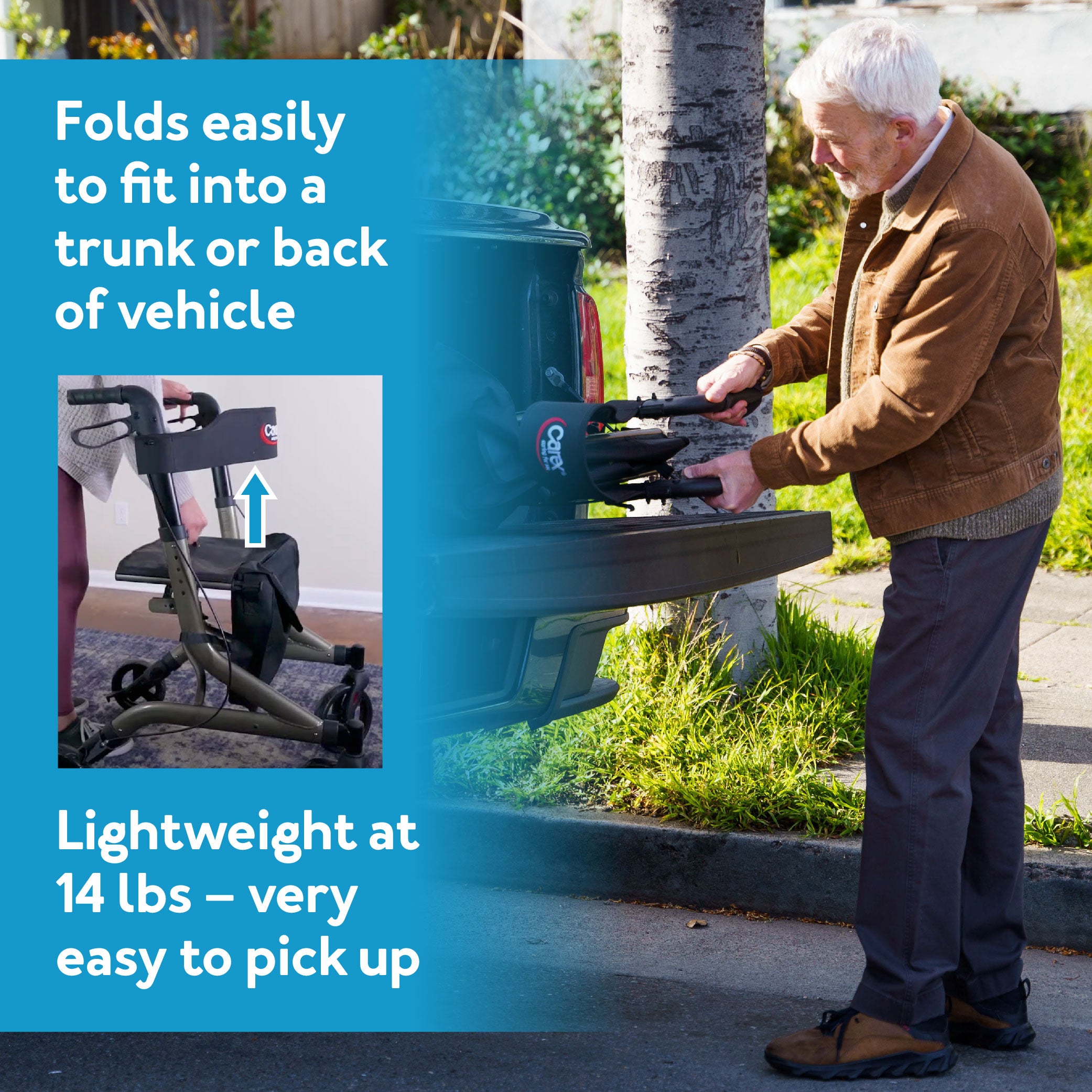 Carex Crosstour Rolling Walker - Folds easily to fit into a trunk or back of vehicle - Lightweight at 14lbs, very easy to pick up.