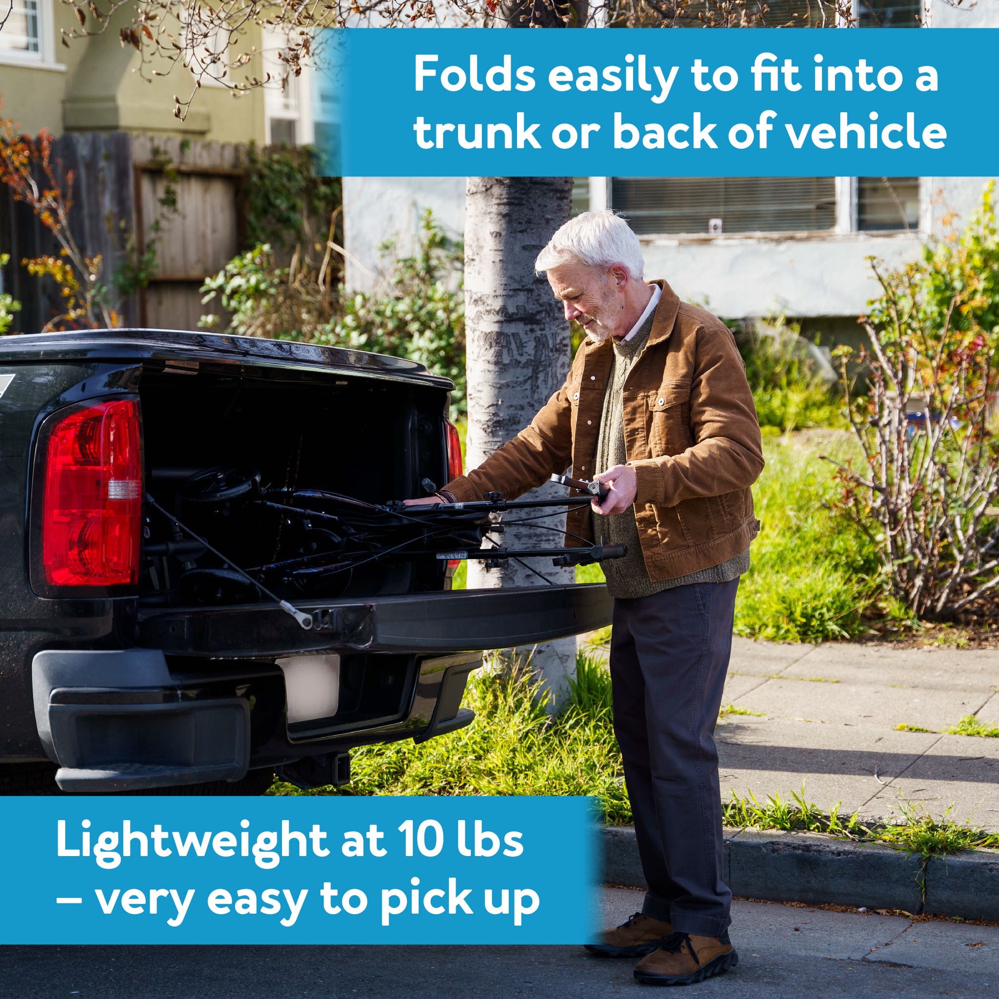 Carex Trio Rolling Walker - Folds easily to fit into a trunk or back of vehicle. Lightweight at 10 lbs, very easy to pick up.