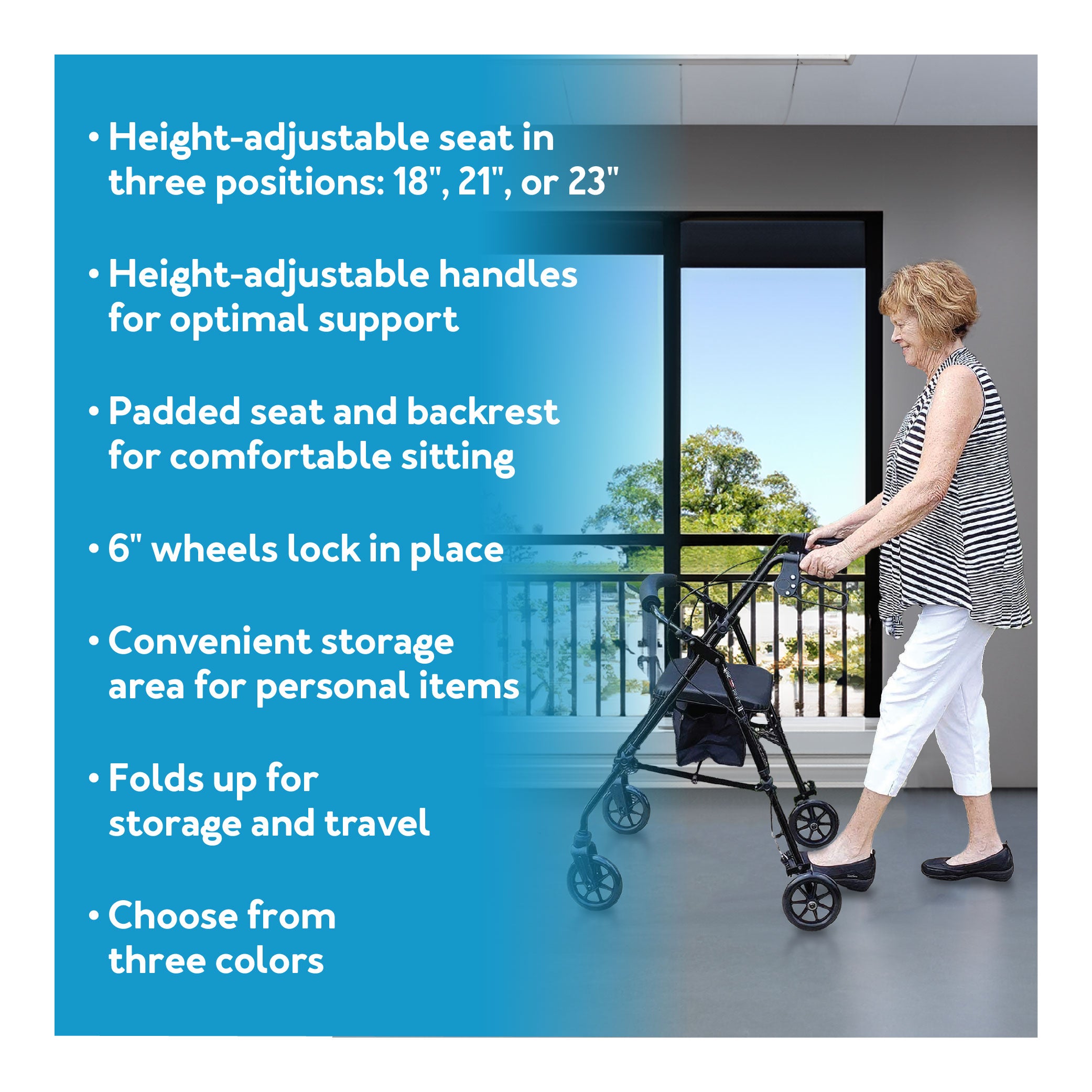 A woman using a rollator inside with text showing product features as described in the listing.