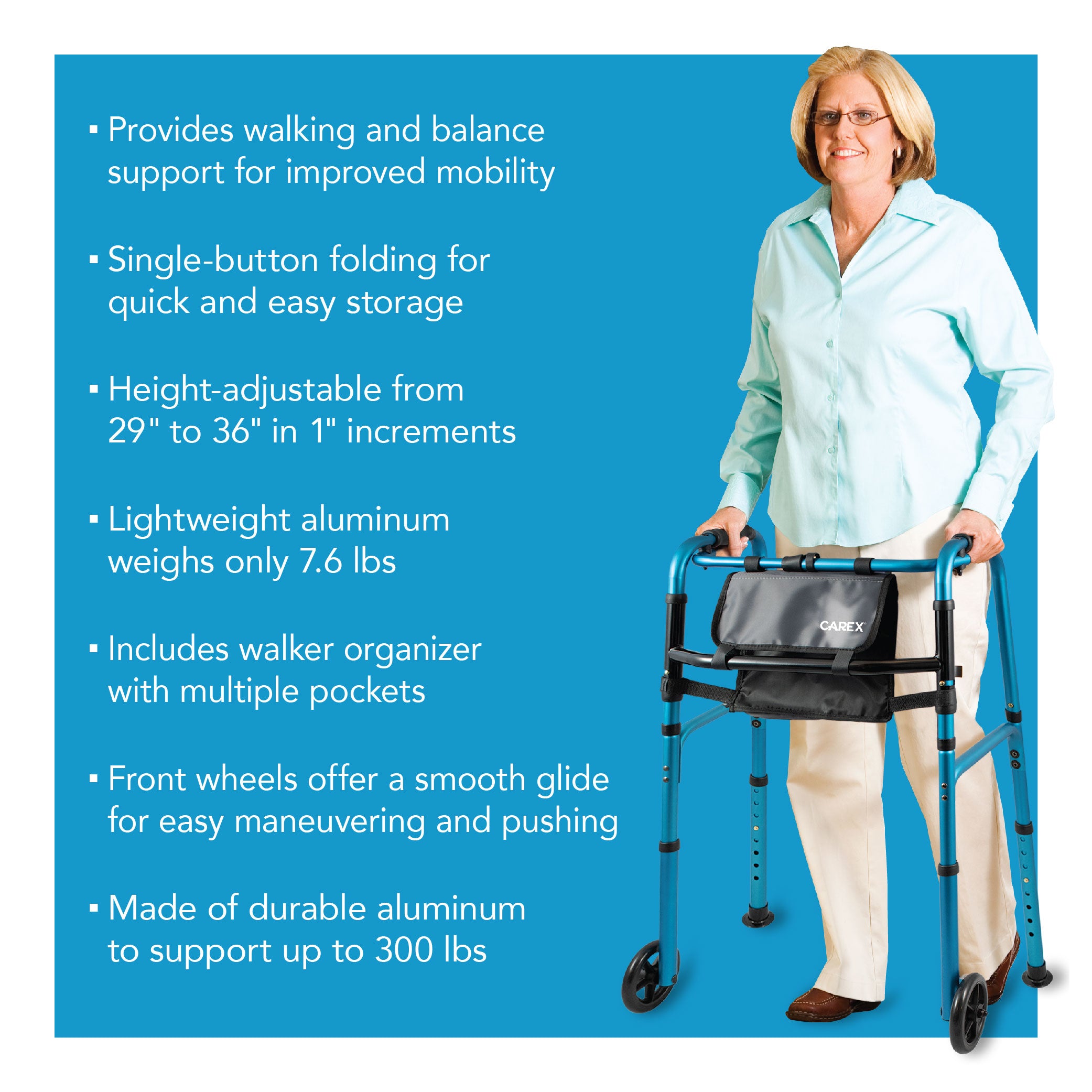 An elderly woman walking with a folding walker with wheels. Text showing the features and benefits as mentioned in the product's description.