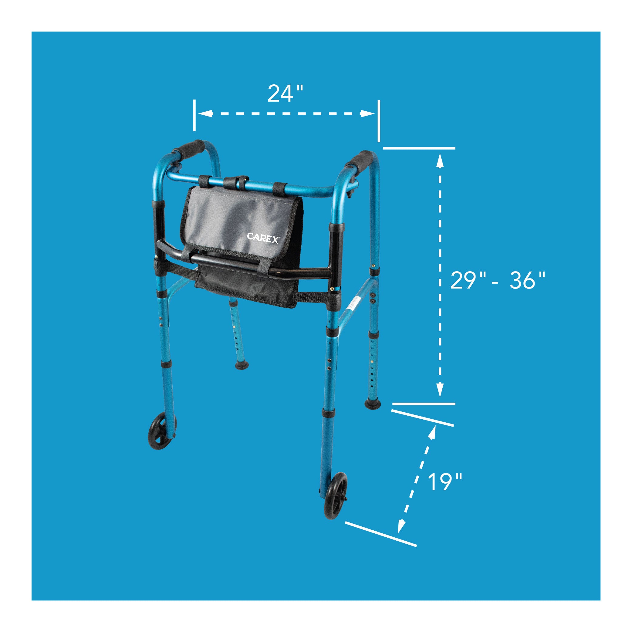 A blue folding walker with bag and its dimensions outlined. 29