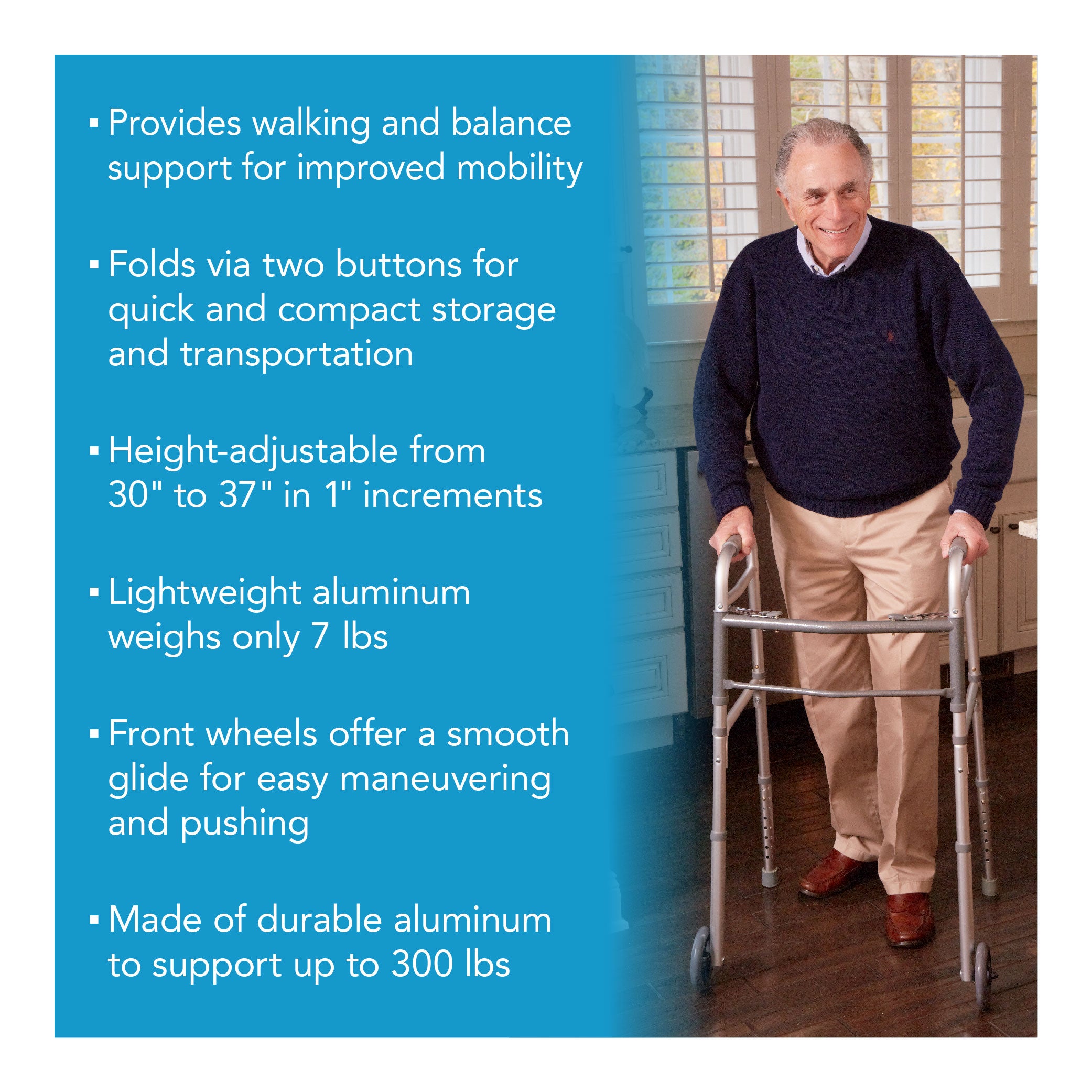 Elderly man with a walker with wheels in a home. Text explaining its features and benefits.