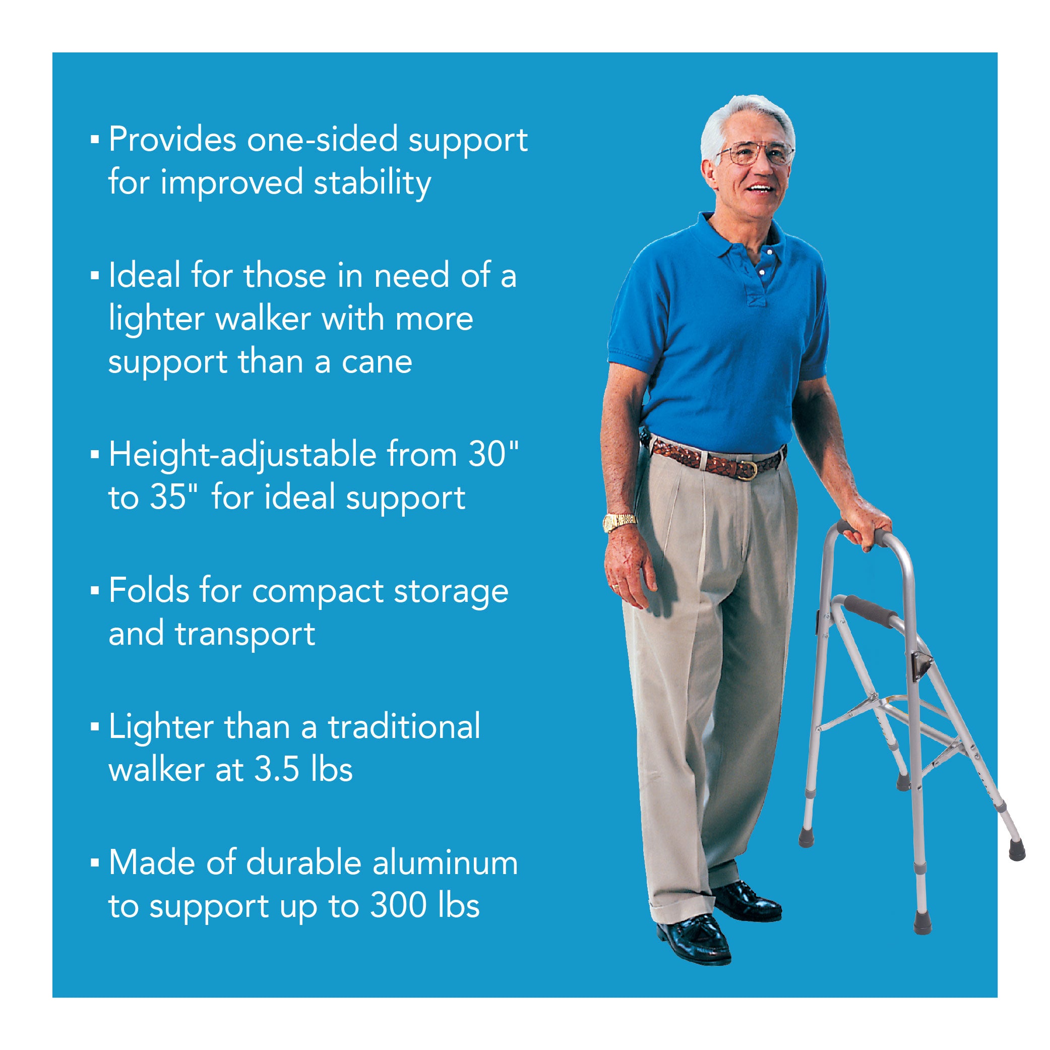 A man utilizing a hemi walker for one-sided support. Text explaining the features and benefits as mentioned in the product description.
