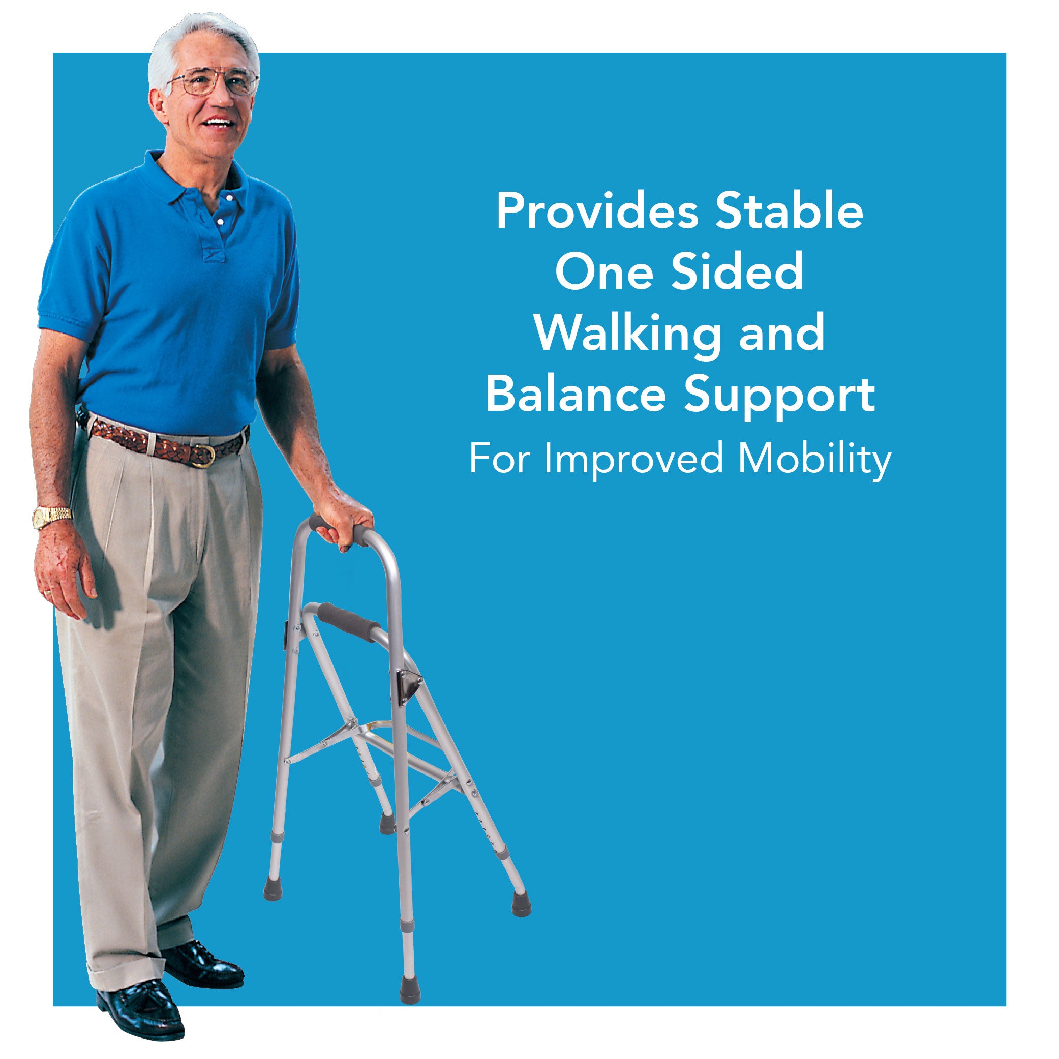 An elderly man standing with a hemi walker. Text, 