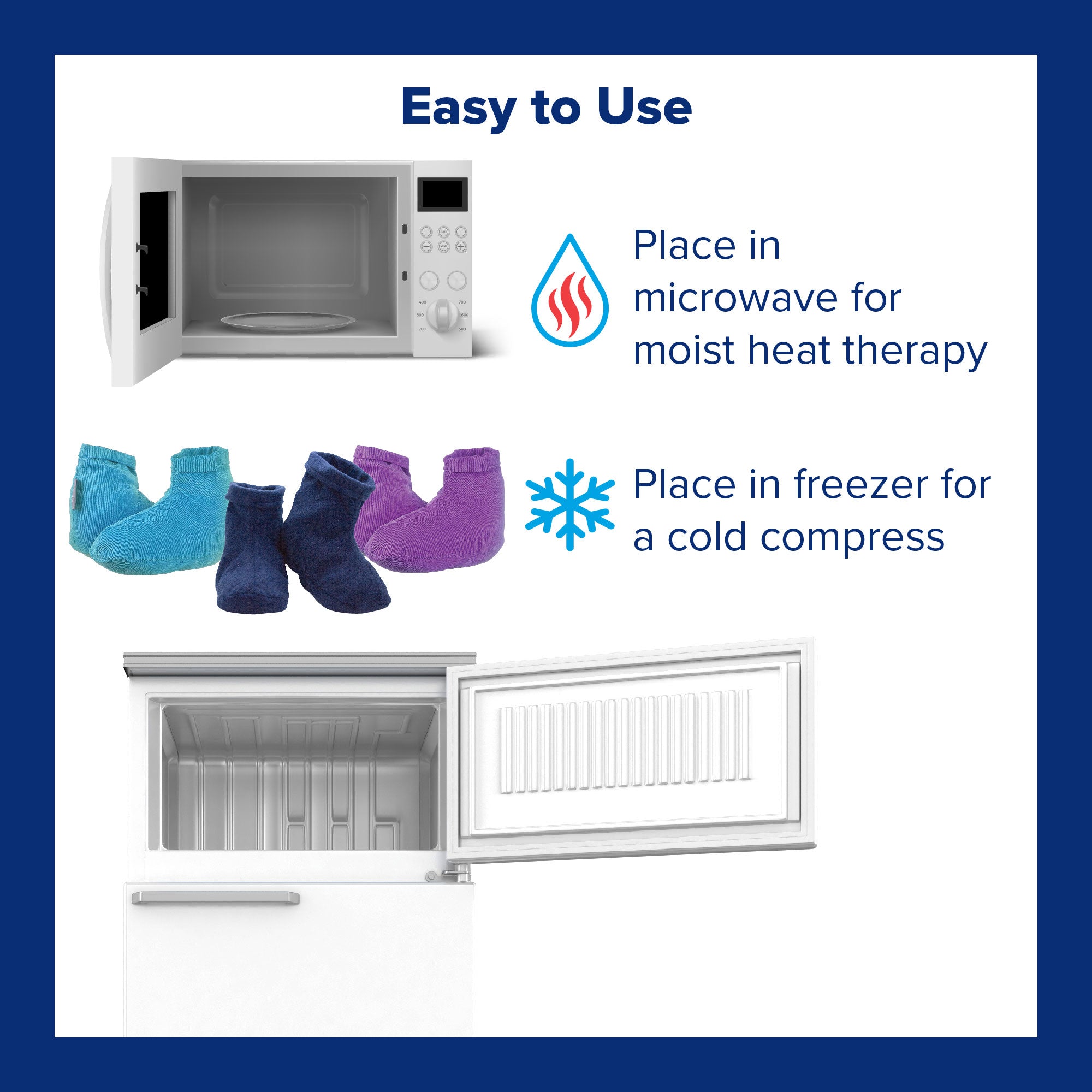 An image of foot warmers next to a microwave and freezer. Text, 