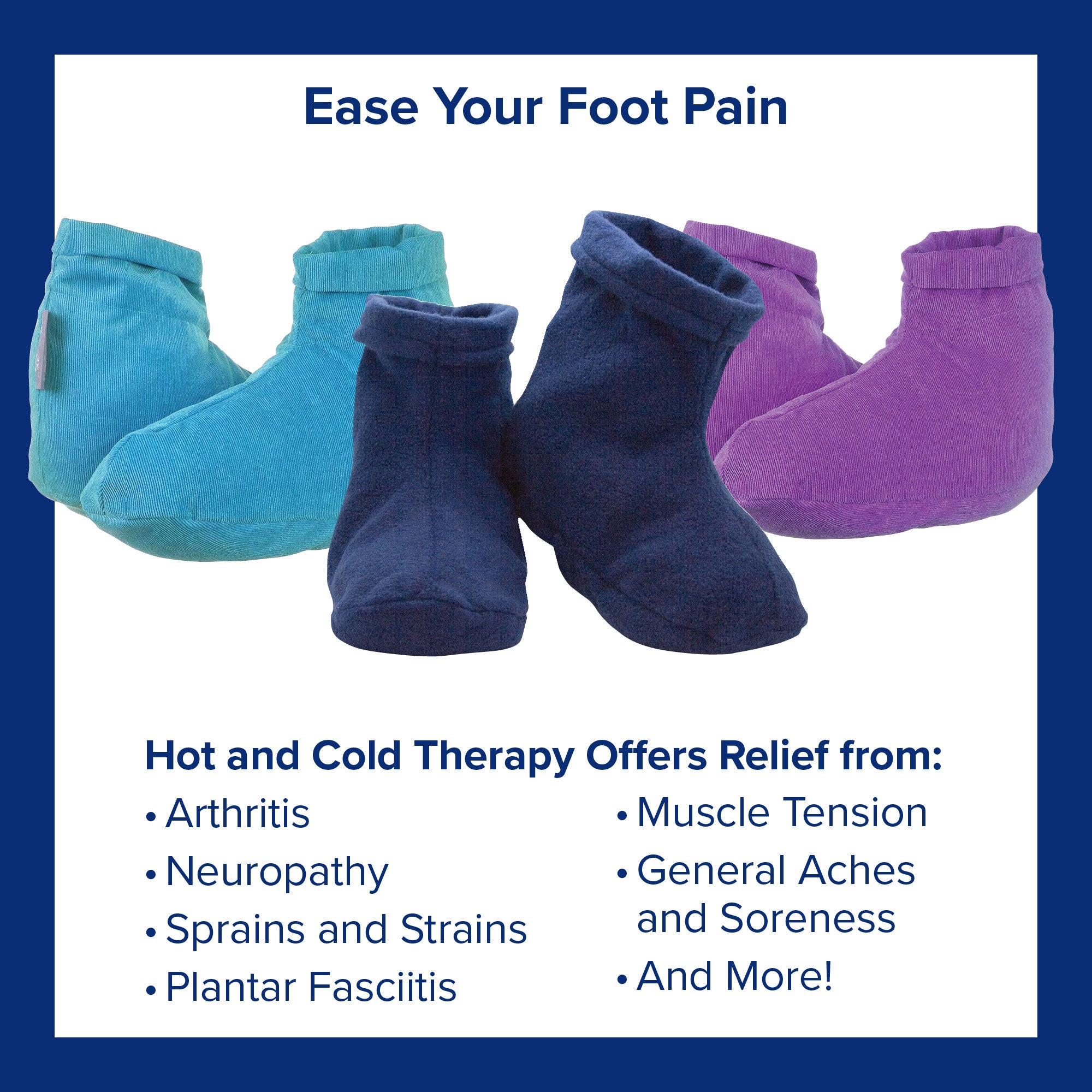 Three pairs of foot warmers next to text, 
