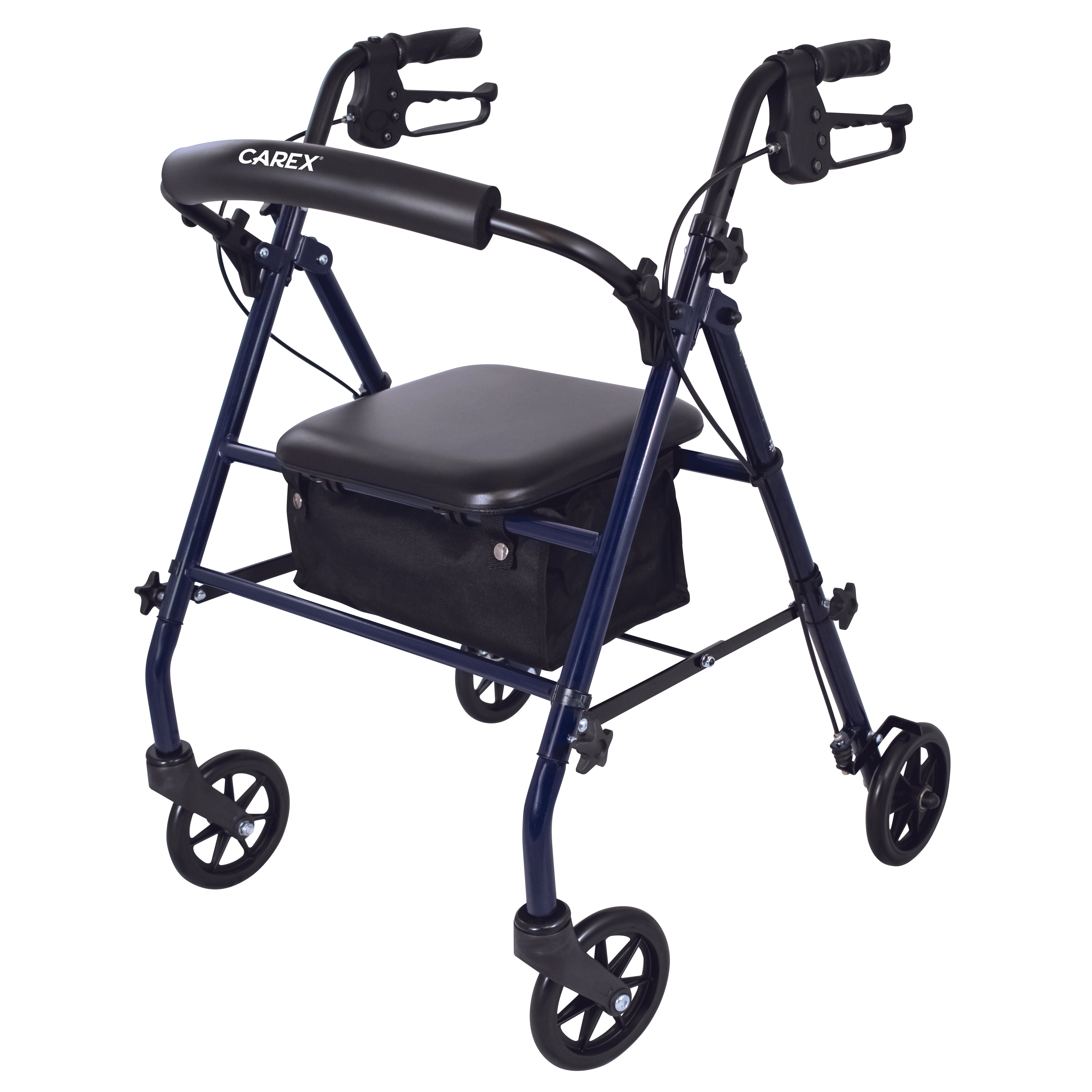 A blue steel rolling walker with a seat