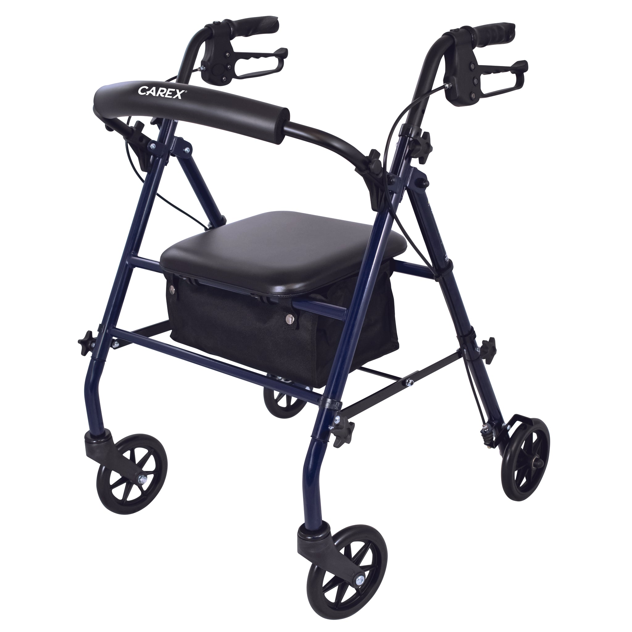 A blue steel rolling walker with a seat