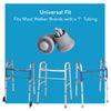 Auto walker glides above three different walkers. Text, "Universal fit. Fits most walker brands with a 1" tubing"