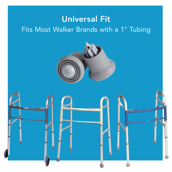 Auto walker glides above three different walkers. Text, "Universal fit. Fits most walker brands with a 1" tubing"