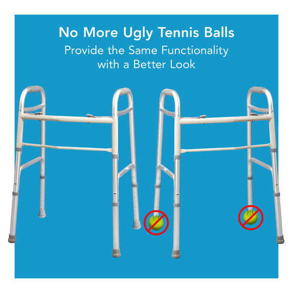 A walker next to a nother walker with tennis balls. Text, "No more ugly tennis balls. Provide the same functionality with a better look"