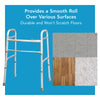 A walker next to a collage of various surfaces. Text, "Provides a smooth roll over various surfaces"