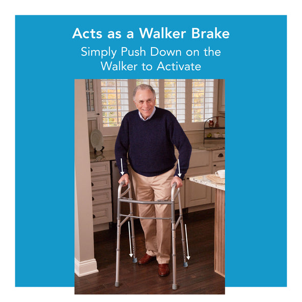 An elderly man with a walker. Text, "acts as a walker brake. Simply push down on the walker to activate"