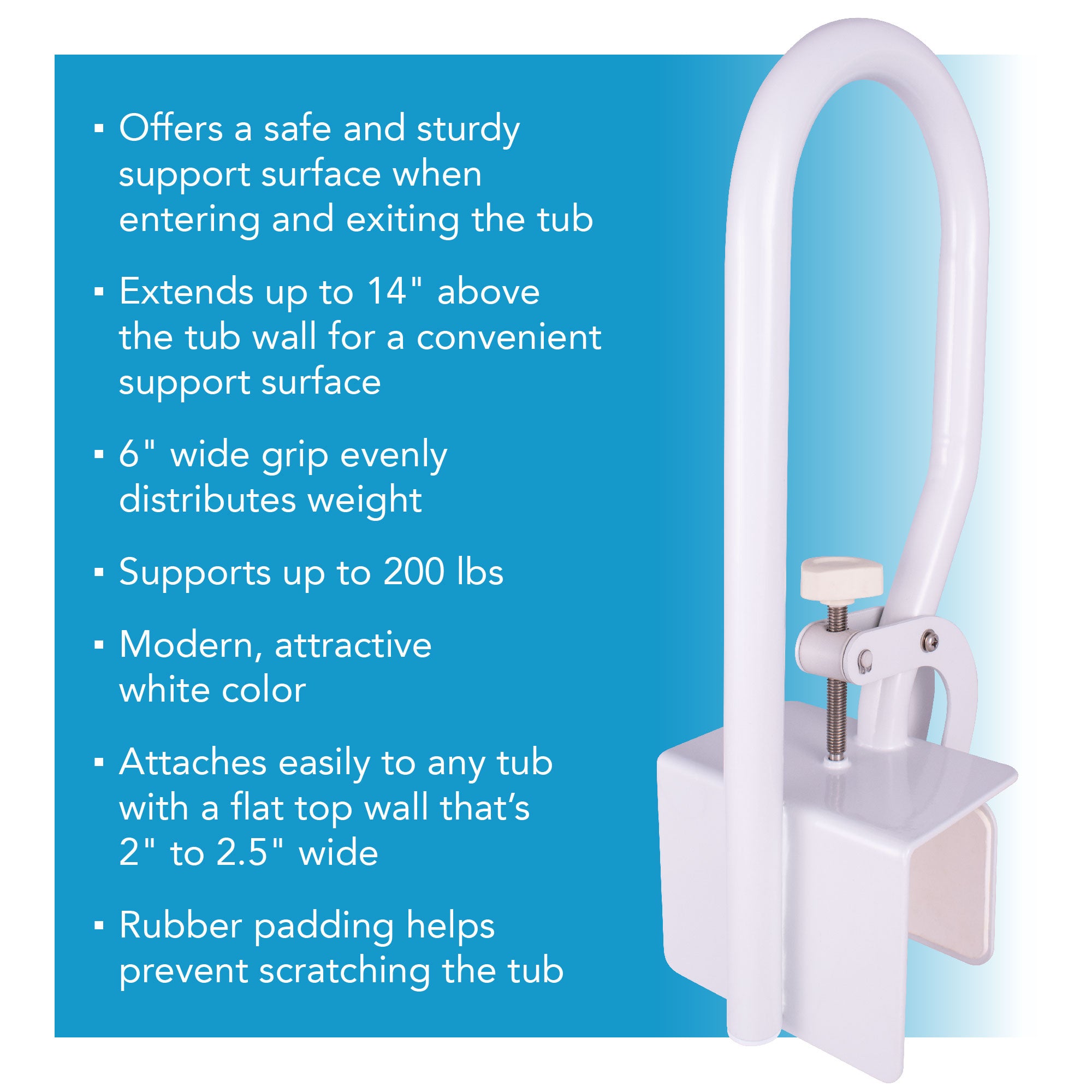 A white bathtub rail with a description based on the product page