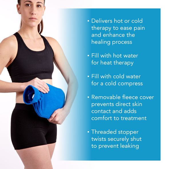 A hot/cold water bottle over a woman's stomach next to descriptive bullet points