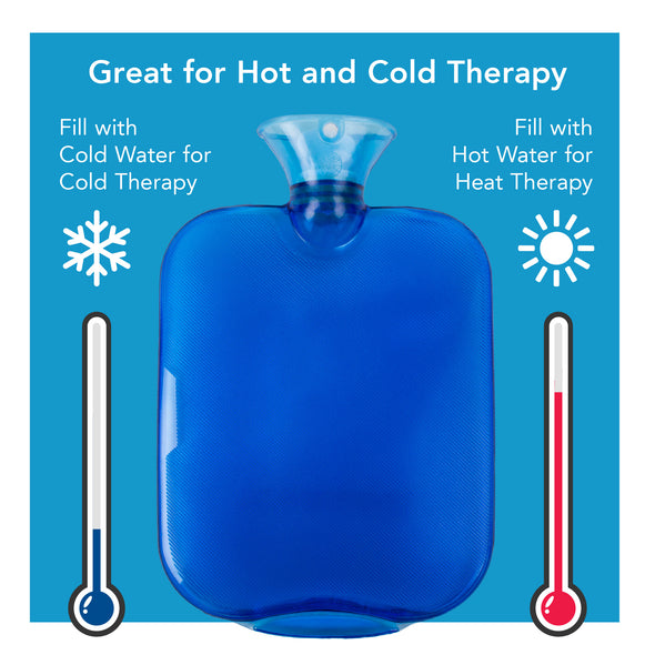 A hot/cold bottle next to a hot and cold icon. Text, "great for hot and cold therapy"