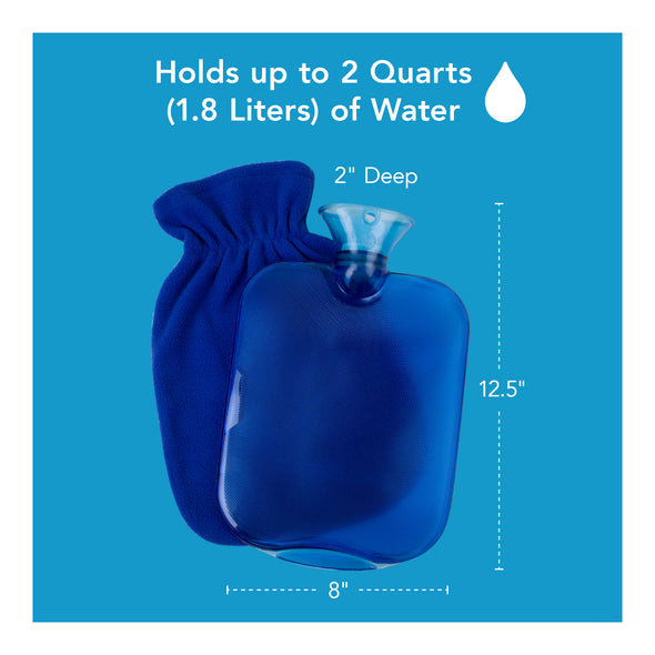 A hot/cold bottle with its dimensions outlined. Text, "holds up to 2 quarts of water"