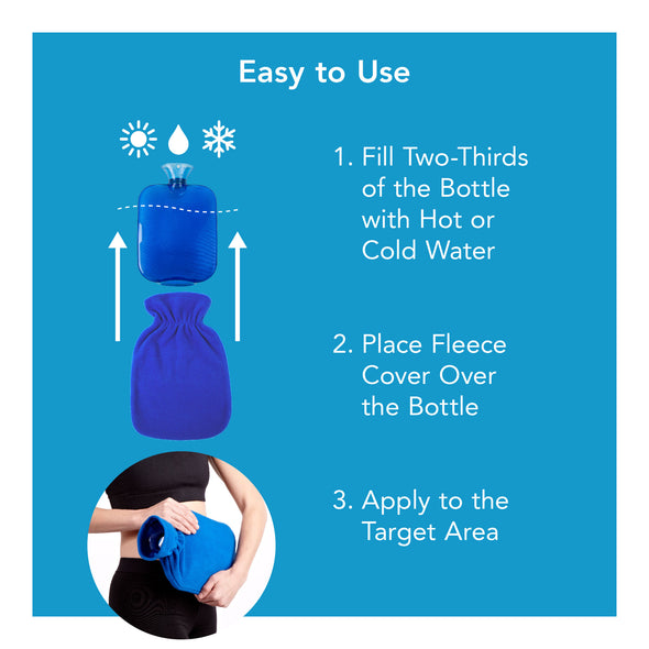 A hot/cold bottle with its steps for use outlined. Text, "easy to use"