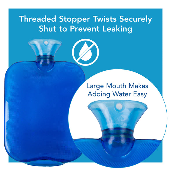 A hot/cold water bottle with text, "threaded stopper twists securely shut to prevent leaking"