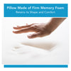 A hand pressing down on foam. Text, "pillow made of firm memory foam"
