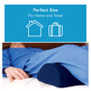 A man with a semi-roll cushion under his knees. Text, "perfect size for home and travel"