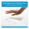 A hand pressing down on memory foam. Text, "Pillow made of firm memory foam"