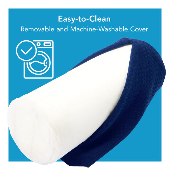 A roll pillow with its cover off. Text, "Easy-to-clean"