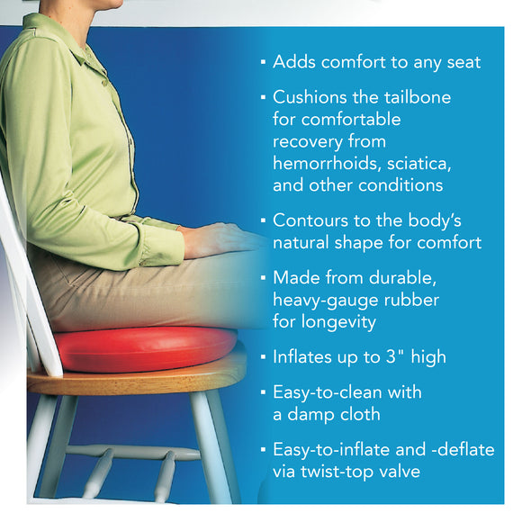 A person sitting on a rubber ring with descriptive text to the right