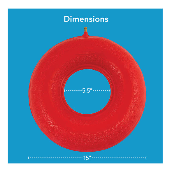 A rubber ring over a blue background with its 15" width and 5.5" inner dimensions outlined