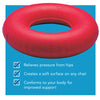 A rubber ring over a blue background. Text, "relieves pressure from hips, creates a soft surface on any chair, conforms to your body for improved support"